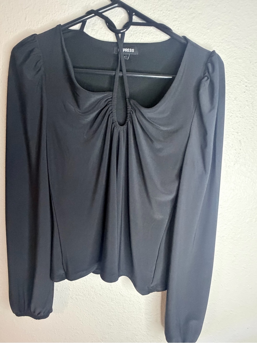 Express Black Long-Sleeve Keyhole Gathered Neck Blouse
